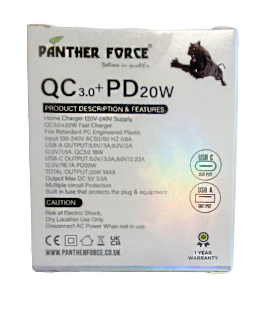 PF162 - Panther Force Straight Pin 20W Plug With USB-C & USB-A