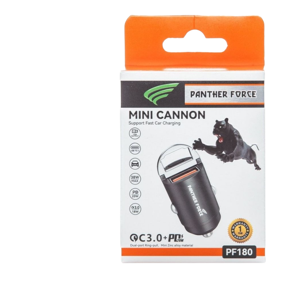PF180 - Panther Force Mini Car Charger – Type-C + USB-A | 20W Fast Charging | Dual Ports
