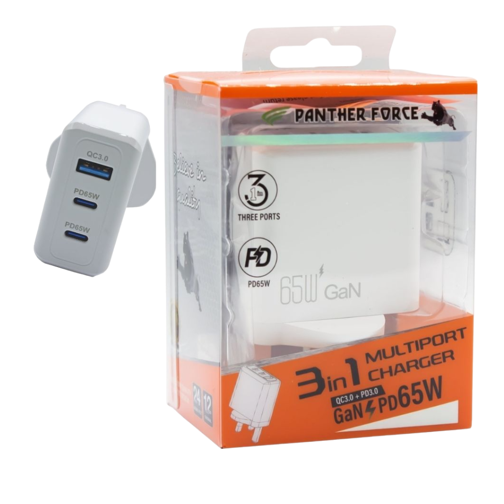 PF193 - Panther Force 65W Plug with 2* C Port / 1* USB-A Port - Fast Charging