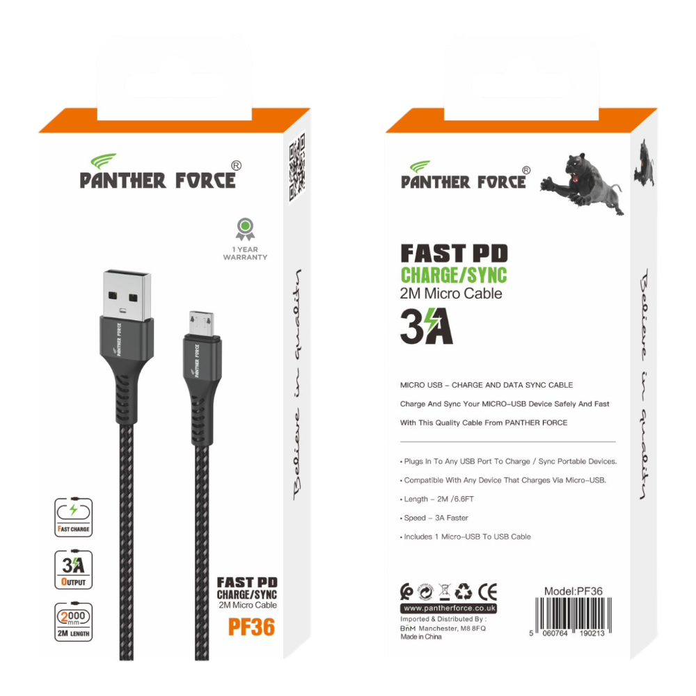 PF36 - Panther Force 3A 2M Cable for Micro - Fast Charging and Data Transfer