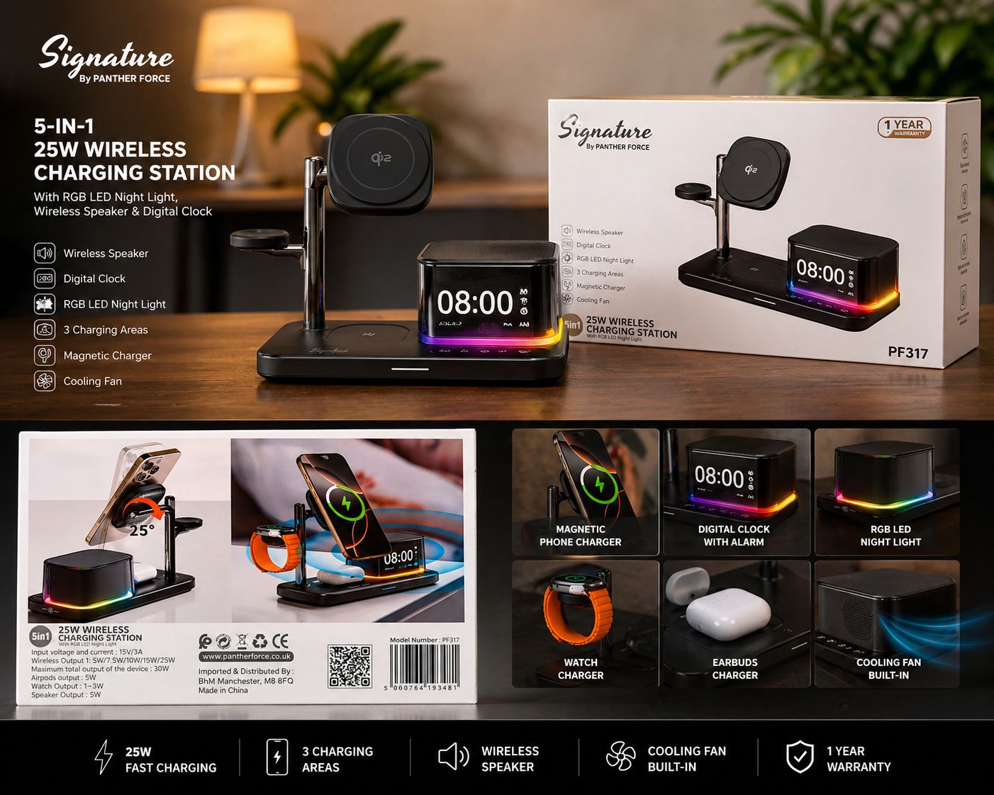 PF317 - SINNATURE 3IN1 WIRELESS CHARGER WITH RGB LIGHT & DIGITAL DISPLAY