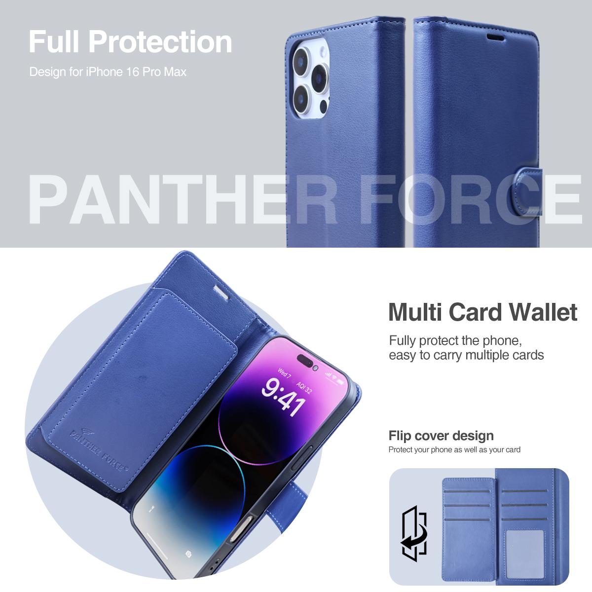 For iPhone 16 PRO MAX PANTHER FORCE LEATHER WALLET CASE WITH KICKSTAND