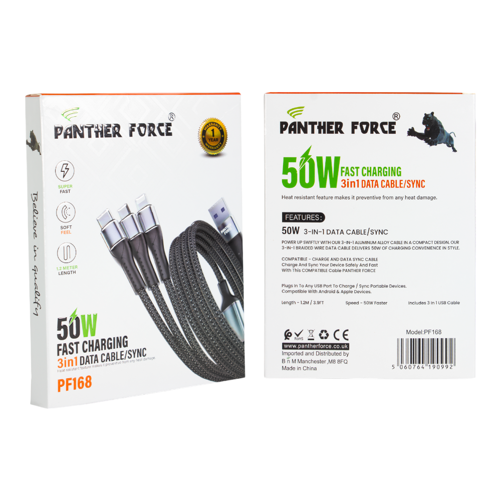 PF168- Panther Force 3 in 1 Cable - Seamless Connectivity, Uninterrupted Power