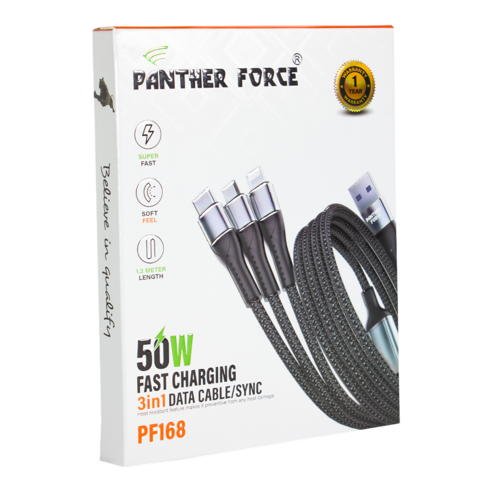 PF168- Panther Force 3 in 1 Cable - Seamless Connectivity, Uninterrupted Power