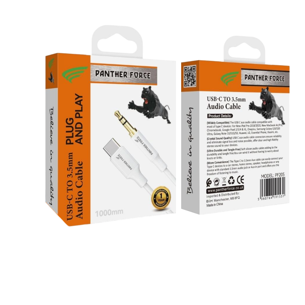 PF205- Panther Force Type-C AUX - Extended Length for Convenient Charging and Syncing of Your Phone