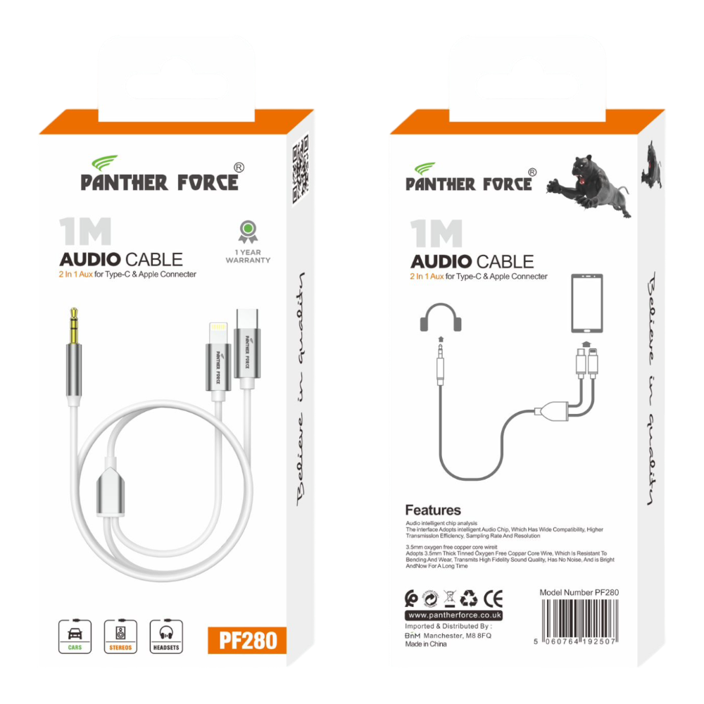 PF280- Panther Force 1M Audio Cable 2-in-1 AUX for Type-C &amp; Apple Connector - Seamless Connectivity, Uninterrupted Power