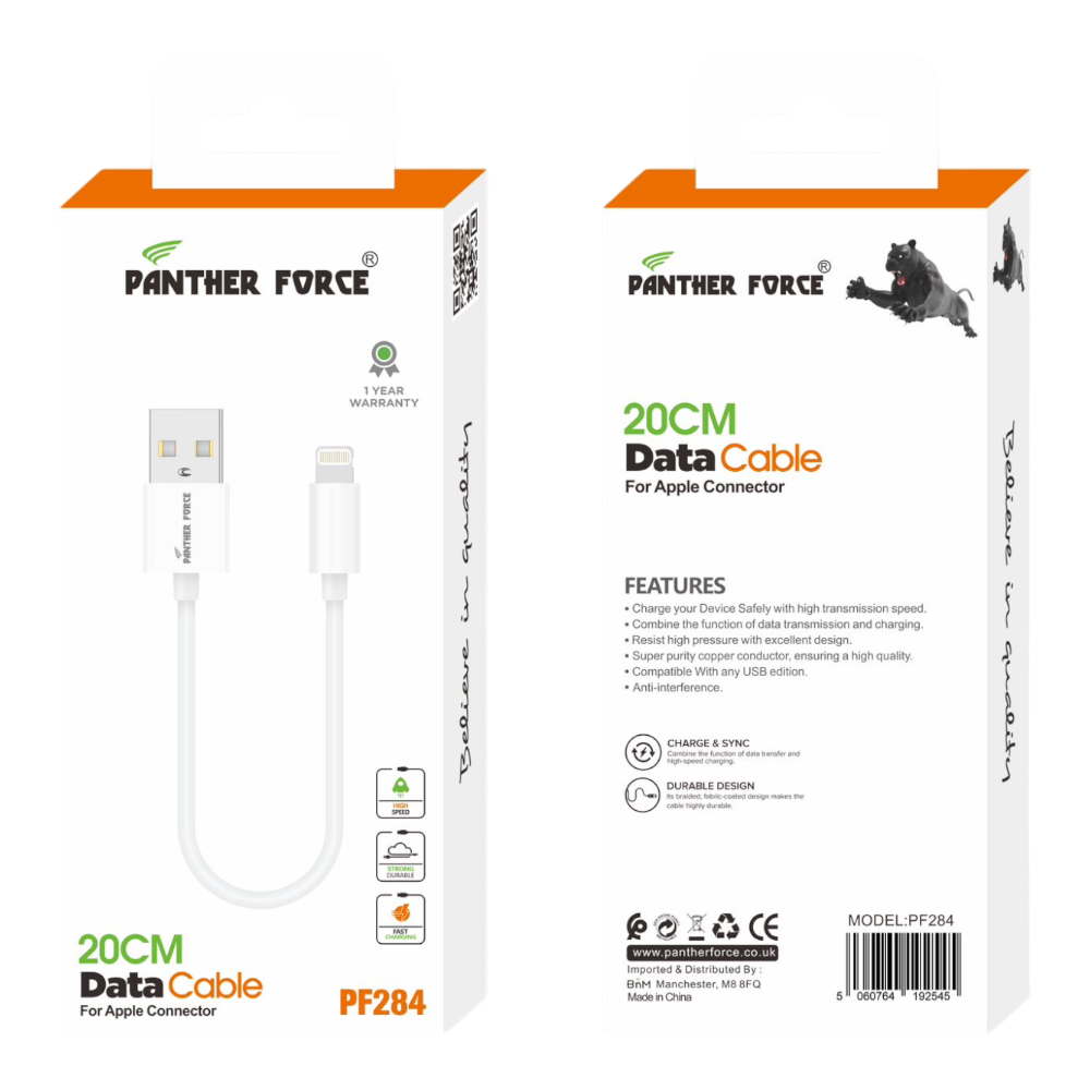 PF284- Panther Force 20cm Data Cable Apple Connector - Fast Charging and Data Transfer