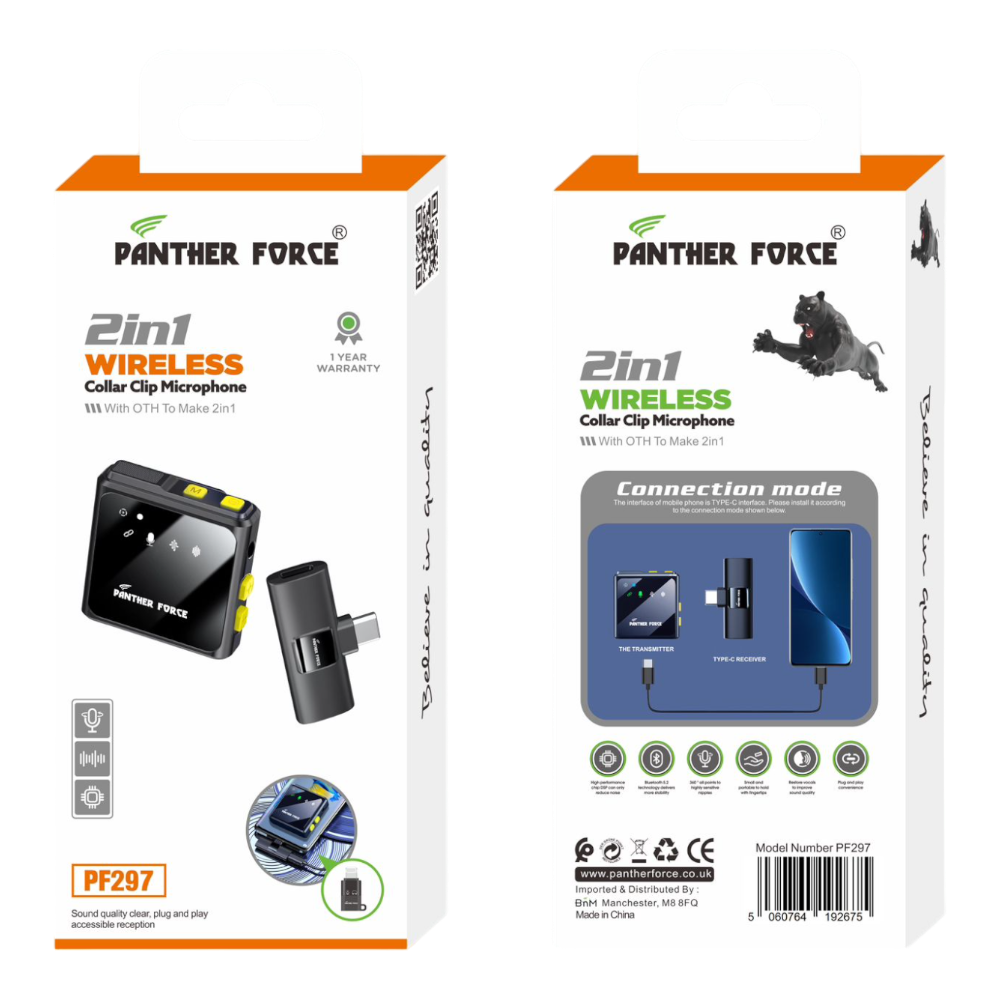 PF297- PANTHER FORCE 2 IN 1 WIRELESS COLLAR CLIP MICROPHONE