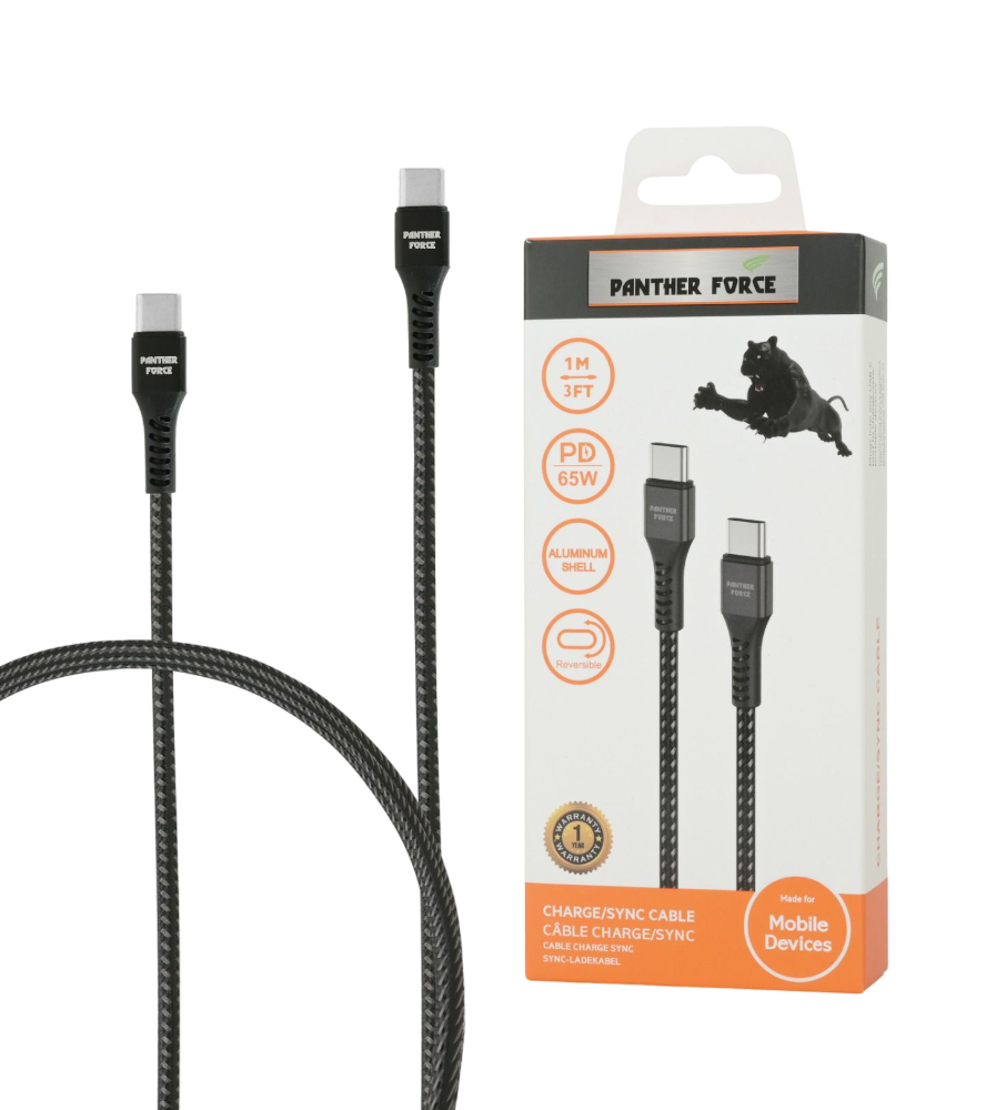 PF45- Panther Force 65W 1M Cable Type-C to Type-C - Extended Length for Convenient Charging and Syncing of Your Phone