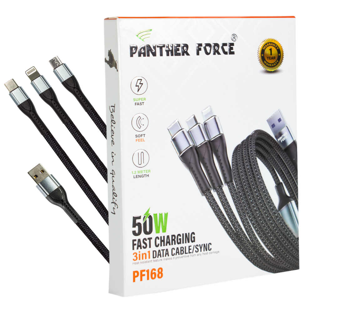 PF168- Panther Force 3 in 1 Cable - Seamless Connectivity, Uninterrupted Power