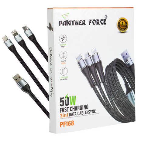 PF168- Panther Force 3 in 1 Cable - Seamless Connectivity, Uninterrupted Power