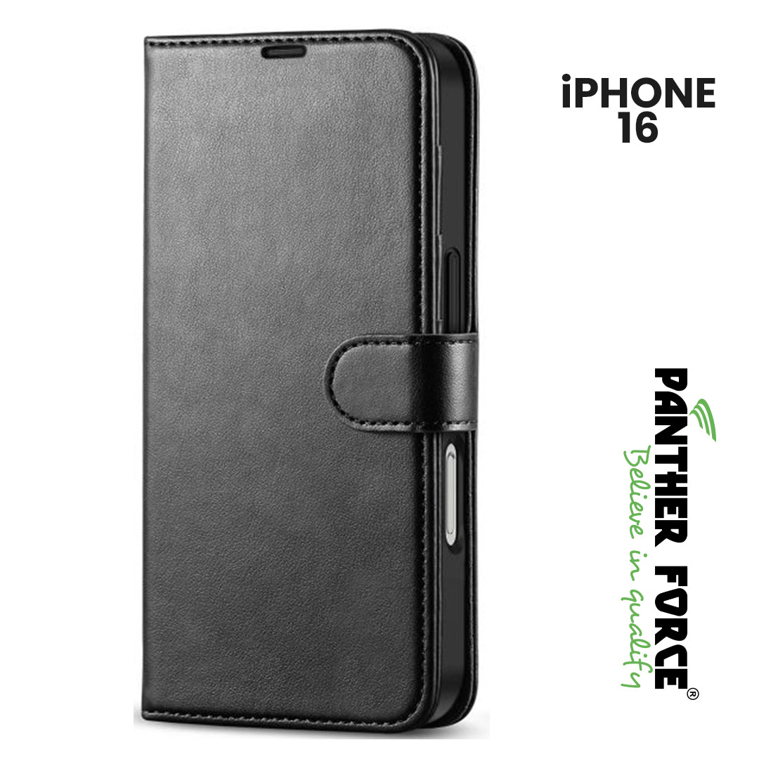 For iPhone 16 PANTHER FORCE LEATHER WALLET CASE WITH KICKSTAND